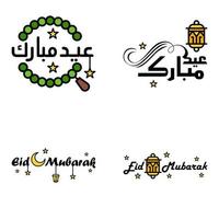 modern packa av 4 eidkum mubarak traditionell arabicum modern fyrkant kufic typografi hälsning text dekorerad med stjärnor och måne vektor