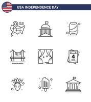 Stock Vector Icon Pack von American Day 9 Line Zeichen und Symbolen für Freizeit Stadtbild Bier Stadtbrücke editierbare Usa Day Vektor Design Elemente