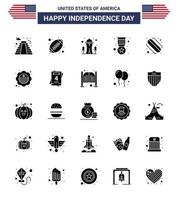 Usa Happy Independence Day Piktogrammsatz von 25 einfachen soliden Glyphen von Hotdog Military Building Medal Award editierbare Usa Day Vektordesign-Elemente vektor