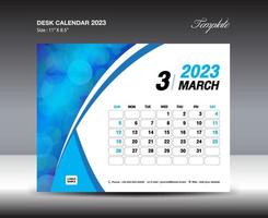 Mars 2023 mall- skrivbord kalender 2023 år mall, vägg kalender 2023 år, vecka börjar söndag, planerare design, brevpapper design, flygblad design, utskrift media, blå kurva bakgrund vektor