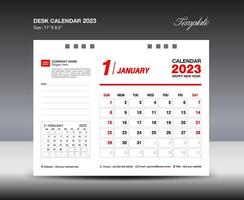 januari 2023 mall- skrivbord kalender 2023 år mall, vägg kalender 2023 år, vecka börjar söndag, planerare design, brevpapper design, flygblad design, utskrift media, röd begrepp design vektor