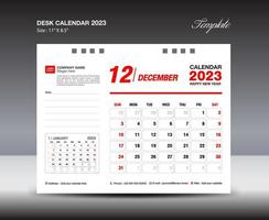 december 2023 mall- skrivbord kalender 2023 år mall, vägg kalender 2023 år, vecka börjar söndag, planerare design, brevpapper design, flygblad design, utskrift media, röd begrepp design vektor