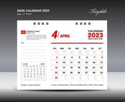 april 2023 mall- skrivbord kalender 2023 år mall, vägg kalender 2023 år, vecka börjar söndag, planerare design, brevpapper design, flygblad design, utskrift media, röd begrepp design vektor