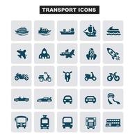 transport ikoner bilar, fartyg, tåg, flygplan, vektor illustrationer, uppsättning silhuetter isolerat