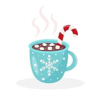 Winterkaffeetasse mit Schneeflockenverzierung, Dampf, Marshmallows und Zuckerstange. Weihnachten heißes Getränk isoliert auf weißem Hintergrund. vektor