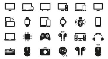 pc, dator, övervaka, smartphone, kamera, tangentbord, hörlurar silhuett ikon uppsättning. elektronisk trådlös Utrustning glyf piktogram. bärbar enheter symbol. isolerat vektor illustration.