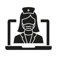 Silhouettensymbol für digitale Online-Medizin. Arzt in der Computermedizin Online-Glyphe schwarzes Piktogramm. Symbol für den Dienst der virtuellen Medizin. Telemedizin. isolierte Vektorillustration. vektor