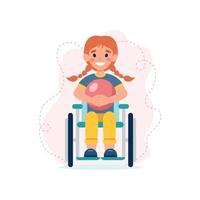 Mädchen im Rollstuhl. lächelndes Kind mit Behinderungen, das einen roten Ball hält. Konzept von Bildung, Sport, soziale Anpassung von Menschen mit Behinderungen. Chancengleichheit. Inklusivität. Vektor-Illustration vektor