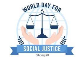 värld dag av social rättvisa på februari 20 med skalor eller hammare för en bara relation i platt tecknad serie hand dragen mallar illustration vektor