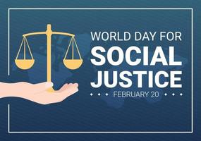 värld dag av social rättvisa på februari 20 med skalor eller hammare för en bara relation i platt tecknad serie hand dragen mallar illustration vektor