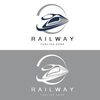 Zug-Logo-Design. Schnellbahngleisvektor, schnelle Transportfahrzeugillustration, passender Landtransport der Lokomotive-Eisenbahngesellschaft und schnelle Lieferung