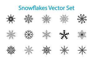 satz flache schwarze geometrische schneeflocken auf einem weißen hintergrund. linear gemustertes Dekor aus fünfzehn Schneeflocken vektor