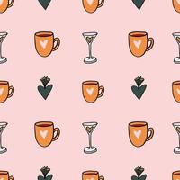 glas med en hjärta mönster och en Martini glas med en dryck i de form av en hjärta på en rosa fyrkant bakgrund - en sömlös mönster på de tema av hjärtans dag vektor
