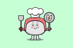 süßer Cartoon-Sushi-Koch mit Pfanne und Pfannenwender vektor