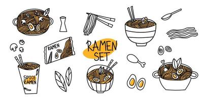 klotter Ramen. olika spaghetti och Ingredienser för matlagning asiatisk Ramen. samling av olika skålar med spaghetti vektor illustration