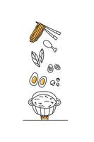 Zutaten für die Zubereitung von Ramen. Instantnudeln und Spaghetti kochen, handgezeichnete Vektorillustration. kritzeln koreanische ramen vektor