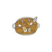 Illustration von chinesischen Ramen in einem Topf. Nudeln mit Ei, Huhn, Nori-Blättern in einer Schüssel. Doodle asiatisches Essen vektor