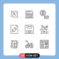 Stock Vector Icon Pack mit 9 Zeilenzeichen und Symbolen für Getränkesaft Geld sparen Diskette editierbare Vektordesign-Elemente