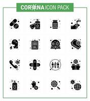16 Solid Glyph Black Virus Corona Icon Pack wie Wasser Medikamente Hände Medizin Virus Coronavirus 2019nov Krankheitsvektor Designelemente vektor