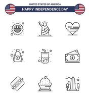 Packung mit 9 kreativen Usa-Unabhängigkeitstagslinien aus Glasbeuteln Usa-Geldfahne editierbare Usa-Tag-Vektordesign-Elemente vektor