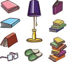 Buchset zum Lesen, Lehrbücher, Lampe, Brillenfarbe vektor