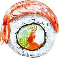 Sushi-Rolle mit Garnelen und Frischkäse Aquarell handgezeichnete isolierte Illustration für asiatische Speisekarte im Restaurant vektor