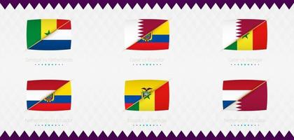 en uppsättning av grupp en match ikoner av de 2022 internationell fotboll turnering, de flagga och en uppsättning av match ikoner på ett abstrakt bakgrund. vektor