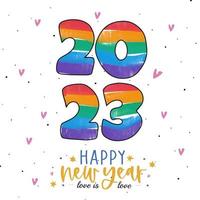 schöne aufschrift 2023, neujahrskarte, lgbt, frohes neues jahr, liebe ist liebe vektor