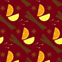 nahtloses Muster auf einem Burgunder-Hintergrund. Weihnachtsstimmung. der Duft von Zitrusfrüchten, das Zeichnen von Orangen- und Zitronenscheiben, Zimt, Nelken, Anis. Vektor-Illustration vektor