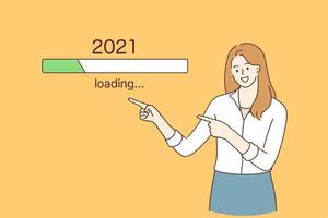 förväntan, väntar för bättre 2021 ny år begrepp. glad ung Söt kvinna pekande med finger på 2021 laddar ner bearbeta över gul bakgrund avvaktan för bättre Nyheter vektor illustration