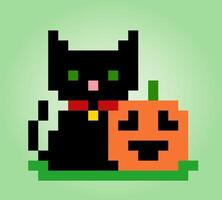 8-Bit-Pixel-Katze und Kürbis. halloween-themen für spielassets in vektorillustration. vektor