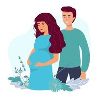 Glückliche schwangere Frau hält ihren Bauch. schwangerschaftskonzept. Vektor-Illustration. mit Vater, vektor