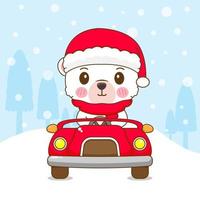 hand gezeichneter niedlicher eisbär trägt weihnachtsmütze, die auto weihnachtszeitkarikatur fährt. kawaii tiercharakter. frohe weihnachten grußkarte vektor