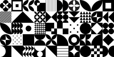 Minimales geometrisches Vintage-Design der 20er Jahre mit nahtlosem Musterdesign mit primitiven Formelementen für Druck, Textil. bauhaus retro hintergrund, vektor flacher abstrakter kreis, dreieck und quadratische linienkunst.
