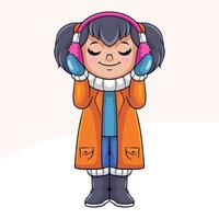tecknad serie Lycklig liten flicka i vinter- kläder lyssnande till musik vektor