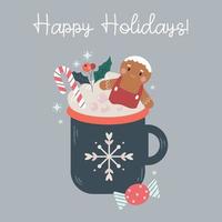 frohe feiertage, süße cartoon heiße schokolade oder kaffee in der tasse mit schneeflockenverzierung mit marshmallow und lebkuchenmann vektor