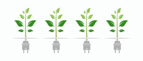 grüner Energiestrom, elektrisches Steckersymbol mit Kabel und Blattvektorillustration vektor