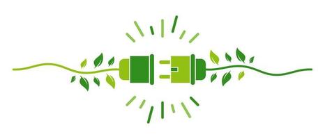 grüner Energiestrom, elektrisches Steckersymbol mit Kabel und Blattvektorillustration vektor