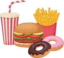 Fastfood. ein großes Fast-Food-Set bestehend aus Burgern, Pommes Frites, Donuts und einem kohlensäurehaltigen Getränk. Vektor-Illustration. vektor