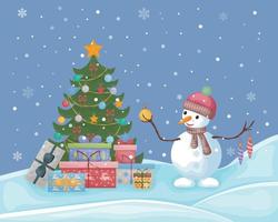 en snögubbe nära de jul träd. söt jul illustration med de bild av en snögubbe stående nära de jul träd med gåvor och innehav jul leksaker i hans händer. vektor illustration.