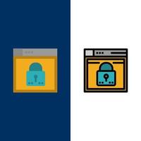 Anmeldung sicheres Web-Layout Passwort Sperrsymbole flach und Linie gefüllt Symbolsatz Vektor blauer Hintergrund