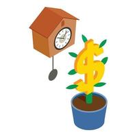 isometrischer vektor des symbols für finanzinvestitionen. Uhr und Dollarzeichen im Blumentopf