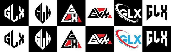glx-Buchstaben-Logo-Design in sechs Stilen. glx polygon, kreis, dreieck, sechseck, flacher und einfacher stil mit schwarz-weißem buchstabenlogo in einer zeichenfläche. glx minimalistisches und klassisches logo vektor