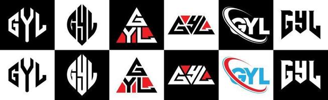 Gyl-Buchstaben-Logo-Design in sechs Stilen. Gyl-Polygon, Kreis, Dreieck, Sechseck, flacher und einfacher Stil mit schwarz-weißem Buchstabenlogo in einer Zeichenfläche. Gyl minimalistisches und klassisches Logo vektor