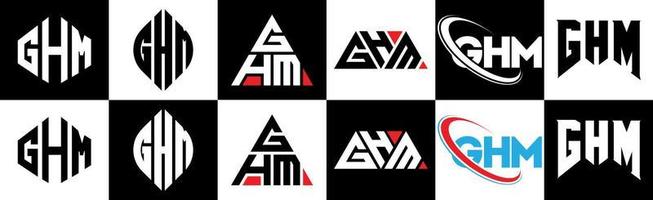 Ghm-Buchstaben-Logo-Design in sechs Stilen. ghm polygon, kreis, dreieck, sechseck, flacher und einfacher stil mit schwarz-weißem buchstabenlogo in einer zeichenfläche. Ghm minimalistisches und klassisches Logo vektor
