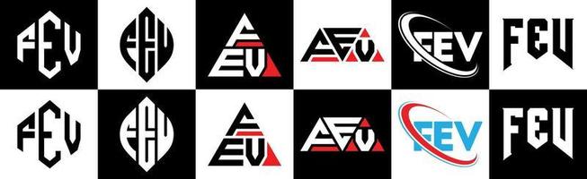 Fev-Buchstaben-Logo-Design in sechs Stilen. fev polygon, kreis, dreieck, hexagon, flacher und einfacher stil mit schwarz-weißem buchstabenlogo in einer zeichenfläche. fev minimalistisches und klassisches Logo vektor