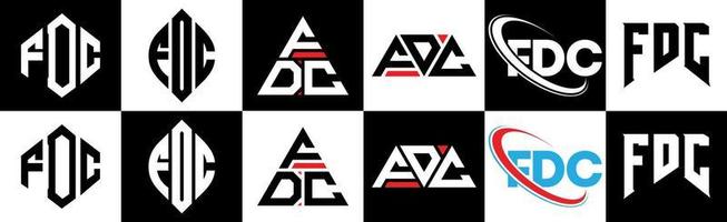 fdc-Brief-Logo-Design in sechs Stilen. fdc polygon, kreis, dreieck, sechseck, flacher und einfacher stil mit schwarz-weißem buchstabenlogo in einer zeichenfläche. fdc minimalistisches und klassisches Logo vektor