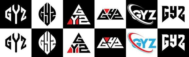 gyz brev logotyp design i sex stil. gyz polygon, cirkel, triangel, sexhörning, platt och enkel stil med svart och vit Färg variation brev logotyp uppsättning i ett rittavla. gyz minimalistisk och klassisk logotyp vektor