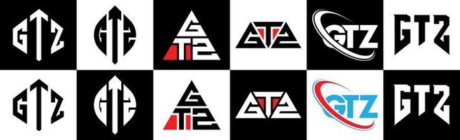 Gtz-Brief-Logo-Design in sechs Stilen. gtz-polygon, kreis, dreieck, sechseck, flacher und einfacher stil mit schwarz-weißem buchstabenlogo in einer zeichenfläche. gtz minimalistisches und klassisches logo vektor