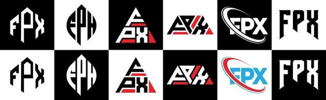 fpx-Buchstaben-Logo-Design in sechs Stilen. fpx Polygon, Kreis, Dreieck, Sechseck, flacher und einfacher Stil mit schwarz-weißem Buchstabenlogo in einer Zeichenfläche. fpx minimalistisches und klassisches Logo vektor